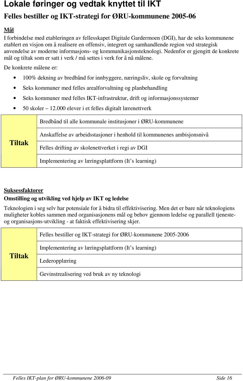 Nedenfor er gjengitt de konkrete mål og tiltak som er satt i verk / må settes i verk for å nå målene.