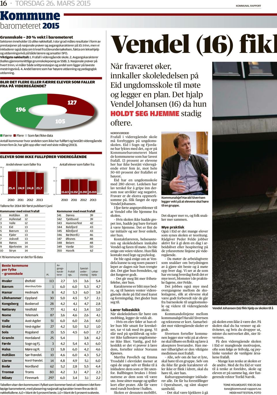 trinn, men vi inkluderer også data om trivsel fra Elevundersøkelsen, fakta om leksehjelp og utdanningsnivå på både lærere og ansatte i SFO. Viktigste nøkkeltall: 1. Frafall i videregående skole. 2.