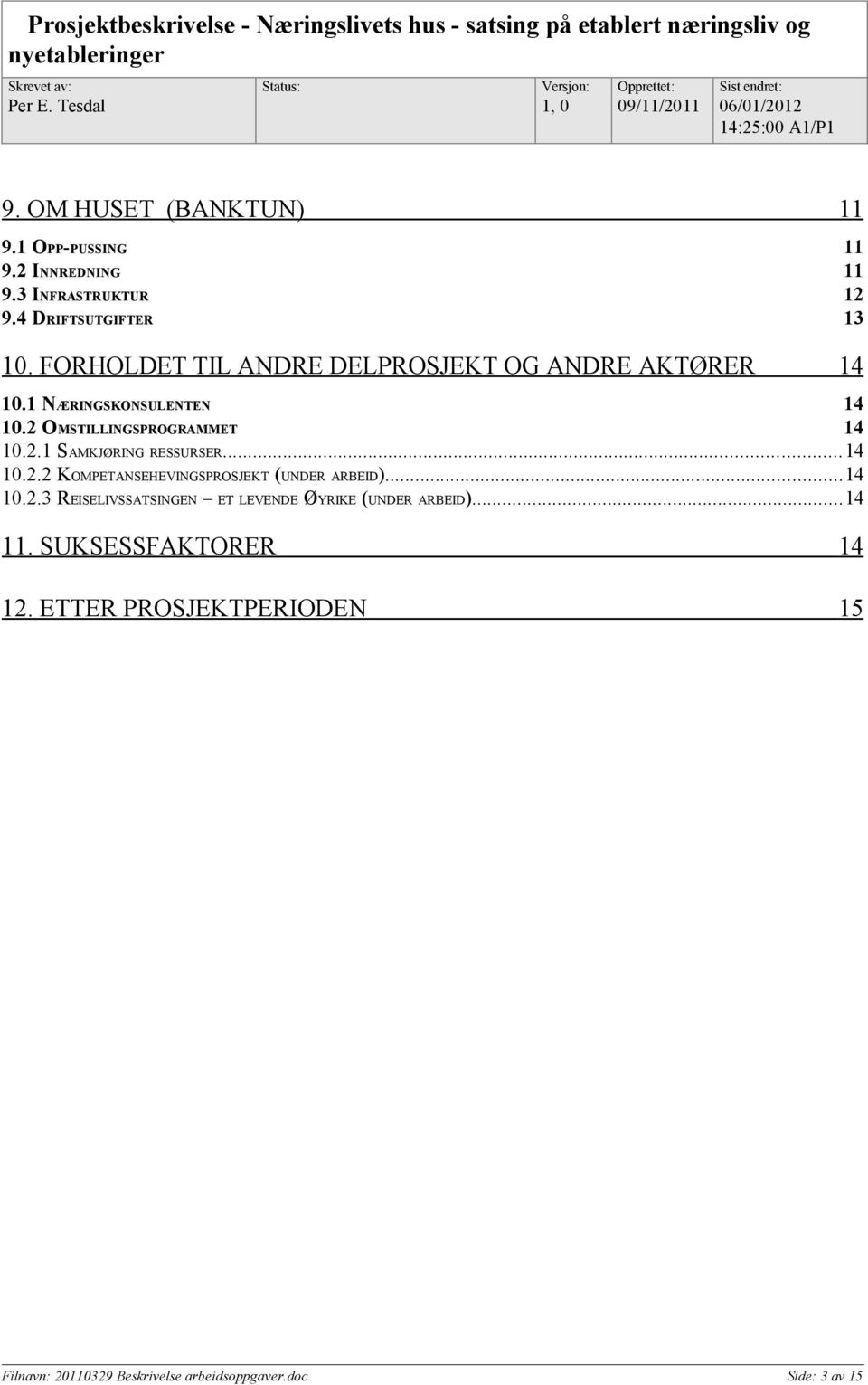 3 INFRASTRUKTUR 12 9.4 DRIFTSUTGIFTER 13 10. FORHOLDET TIL ANDRE DELPROSJEKT OG ANDRE AKTØRER 14 10.1 NÆRINGSKONSULENTEN 14 10.2 OMSTILLINGSPROGRAMMET 14 10.2.1 SAMKJØRING RESSURSER.