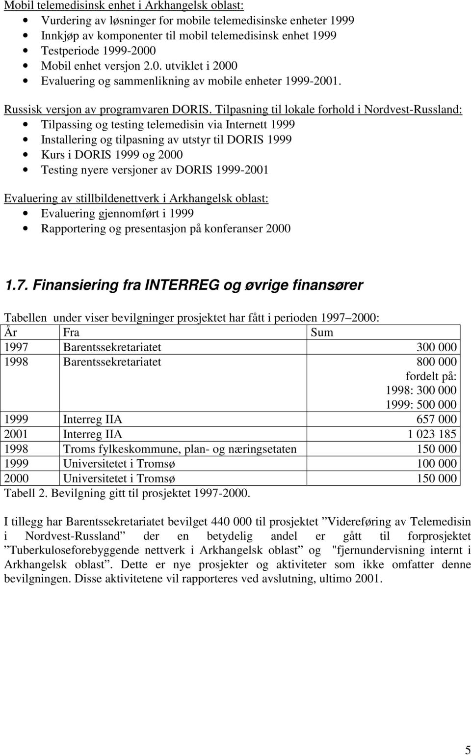 Tilpasning til lokale forhold i Nordvest-Russland: Tilpassing og testing telemedisin via Internett 1999 Installering og tilpasning av utstyr til DORIS 1999 Kurs i DORIS 1999 og 2000 Testing nyere