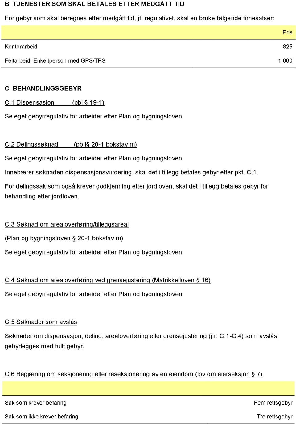 1 Dispensasjon (pbl 19-1) Se eget gebyrregulativ for arbeider etter Plan og bygningsloven C.