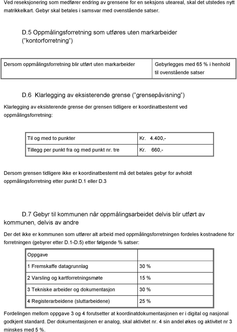 6 Klarlegging av eksisterende grense ( grensepåvisning ) Klarlegging av eksisterende grense der grensen tidligere er koordinatbestemt ved oppmålingsforretning: Til og med to punkter Kr. 4.