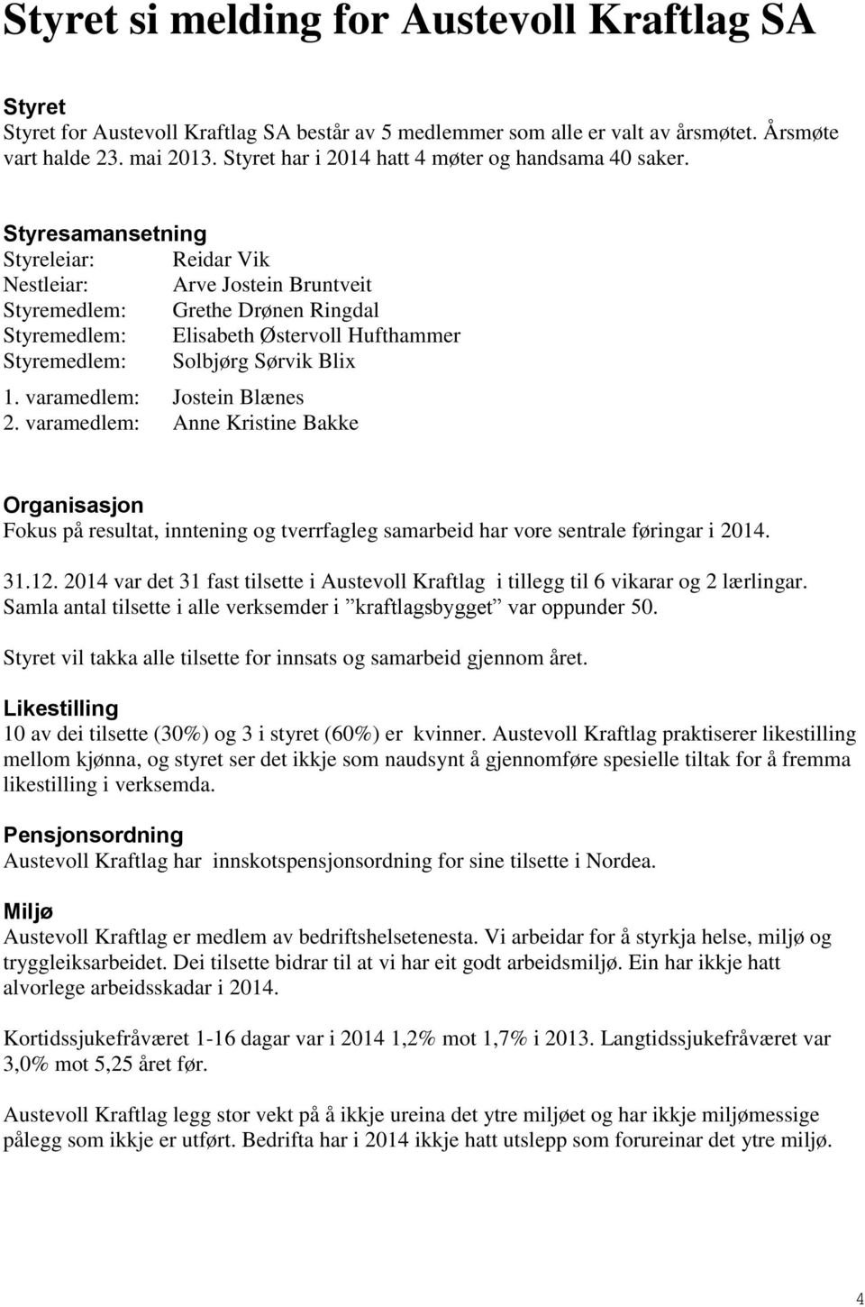 Styresamansetning Styreleiar: Reidar Vik Nestleiar: Arve Jostein Bruntveit Styremedlem: Grethe Drønen Ringdal Styremedlem: Elisabeth Østervoll Hufthammer Styremedlem: Solbjørg Sørvik Blix 1.