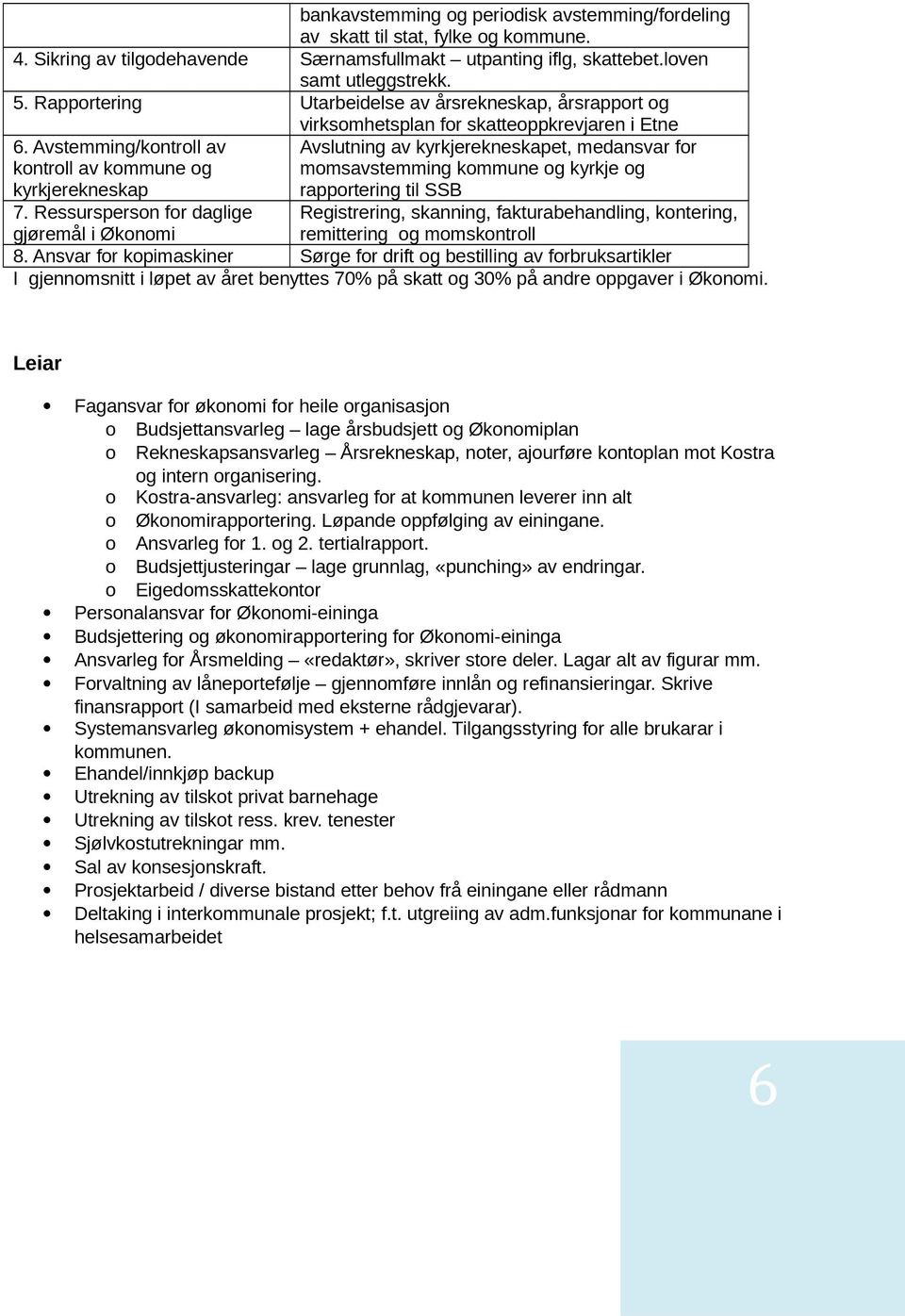 Avstemming/kontroll av kontroll av kommune og kyrkjerekneskap Avslutning av kyrkjerekneskapet, medansvar for momsavstemming kommune og kyrkje og rapportering til SSB 7.