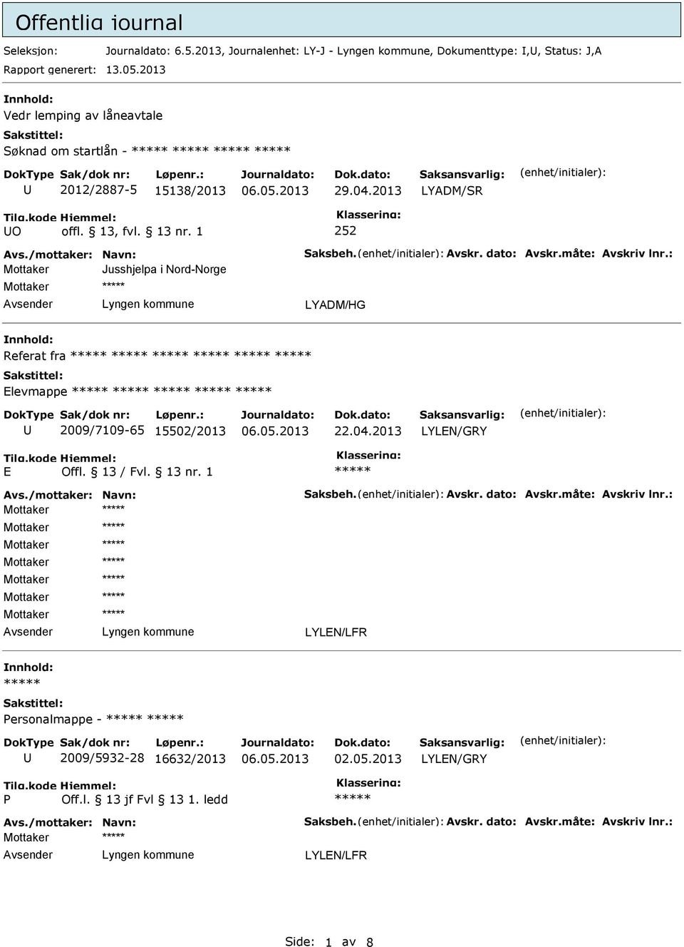 dato: Avskr.måte: Avskriv lnr.: Jusshjelpa i Nord-Norge LYADM/HG Referat fra Elevmappe 2009/7109-65 15502/2013 22.04.2013 LYLEN/GRY E Offl. 13 / Fvl. 13 nr. 1 Avs.