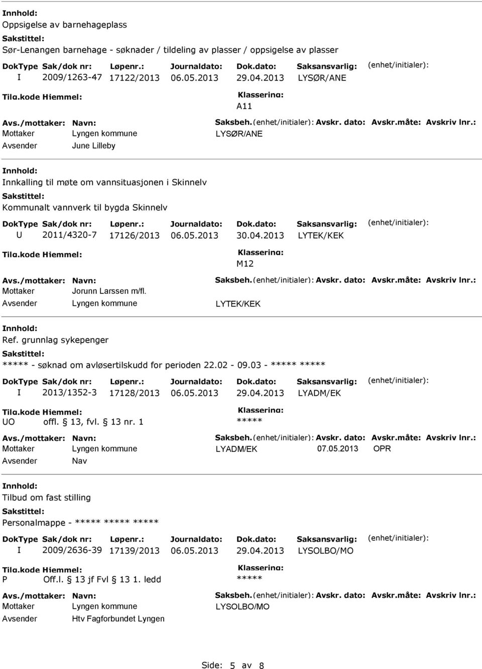 /mottaker: Navn: Saksbeh. Avskr. dato: Avskr.måte: Avskriv lnr.: Jorunn Larssen m/fl. Ref. grunnlag sykepenger - søknad om avløsertilskudd for perioden 22.02-09.03-2013/1352-3 17128/2013 29.04.