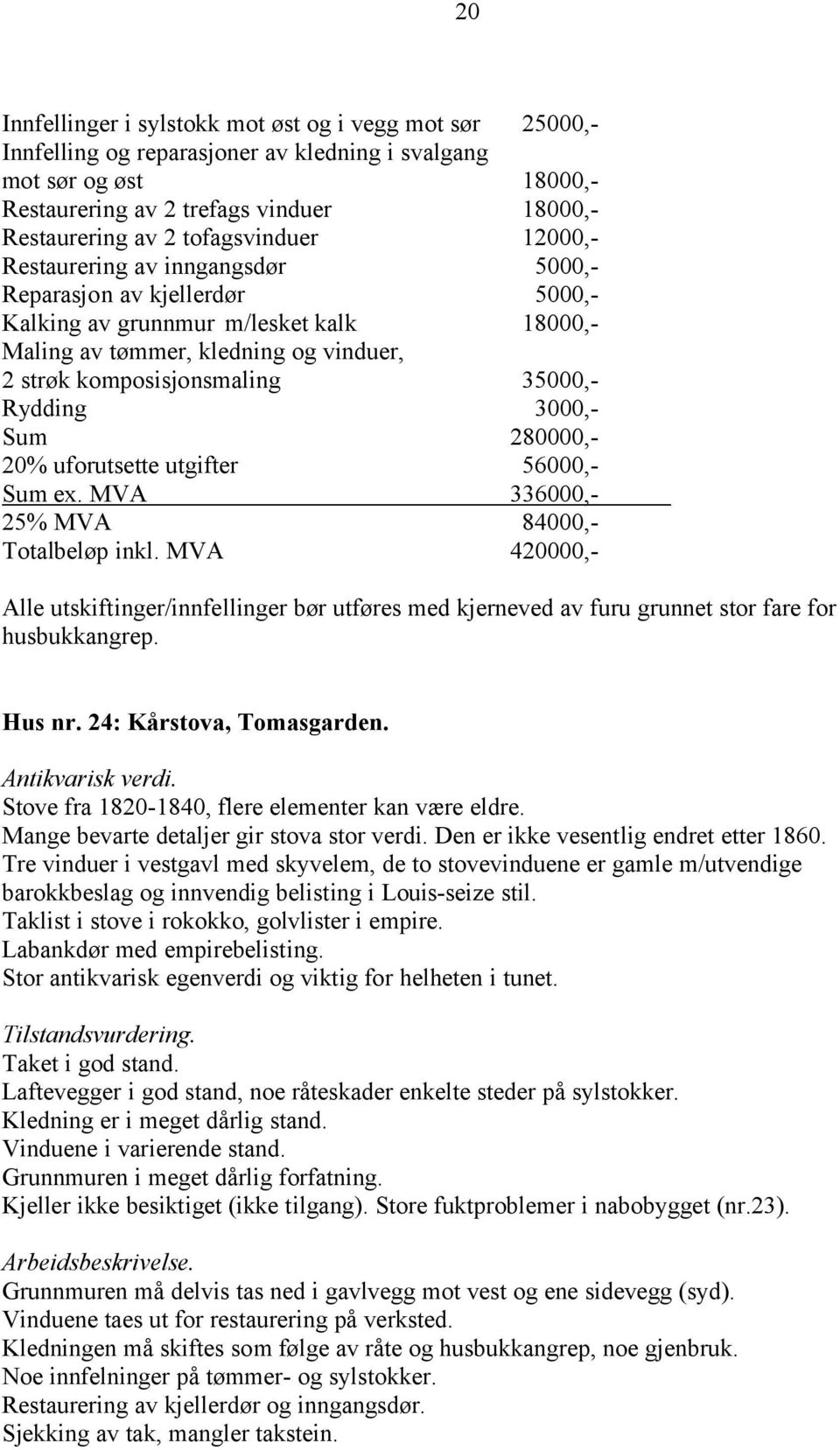 35000,- Rydding 3000,- Sum 280000,- 20% uforutsette utgifter 56000,- Sum ex. MVA 336000,- 25% MVA 84000,- Totalbeløp inkl. MVA 420000,- Hus nr. 24: Kårstova, Tomasgarden.