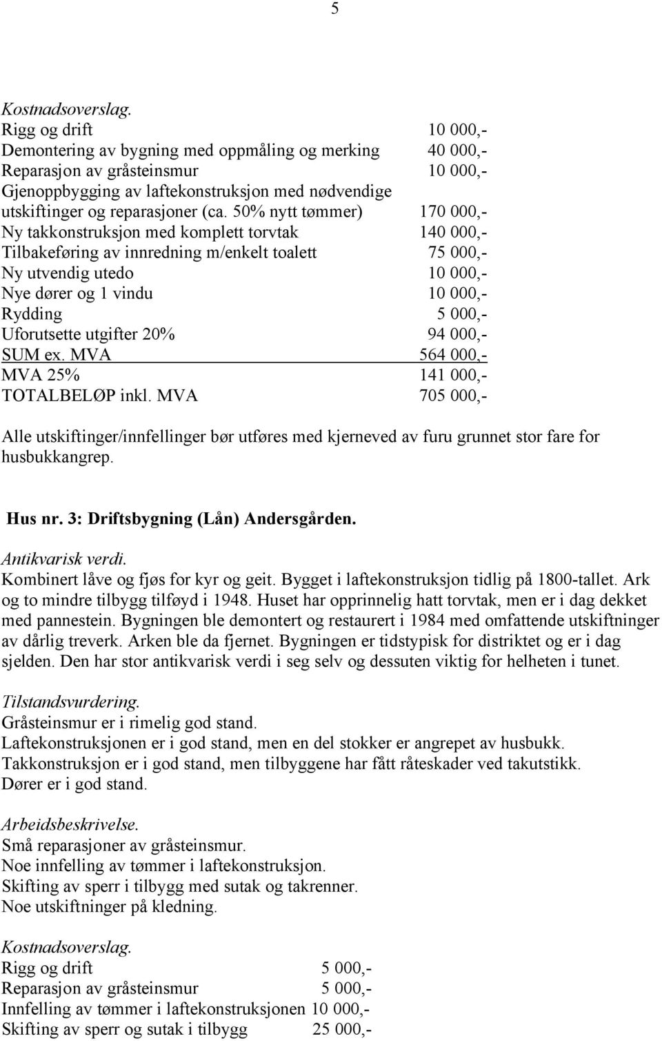 50% nytt tømmer) 170 000,- Ny takkonstruksjon med komplett torvtak 140 000,- Tilbakeføring av innredning m/enkelt toalett 75 000,- Ny utvendig utedo 10 000,- Nye dører og 1 vindu 10 000,- Rydding 5