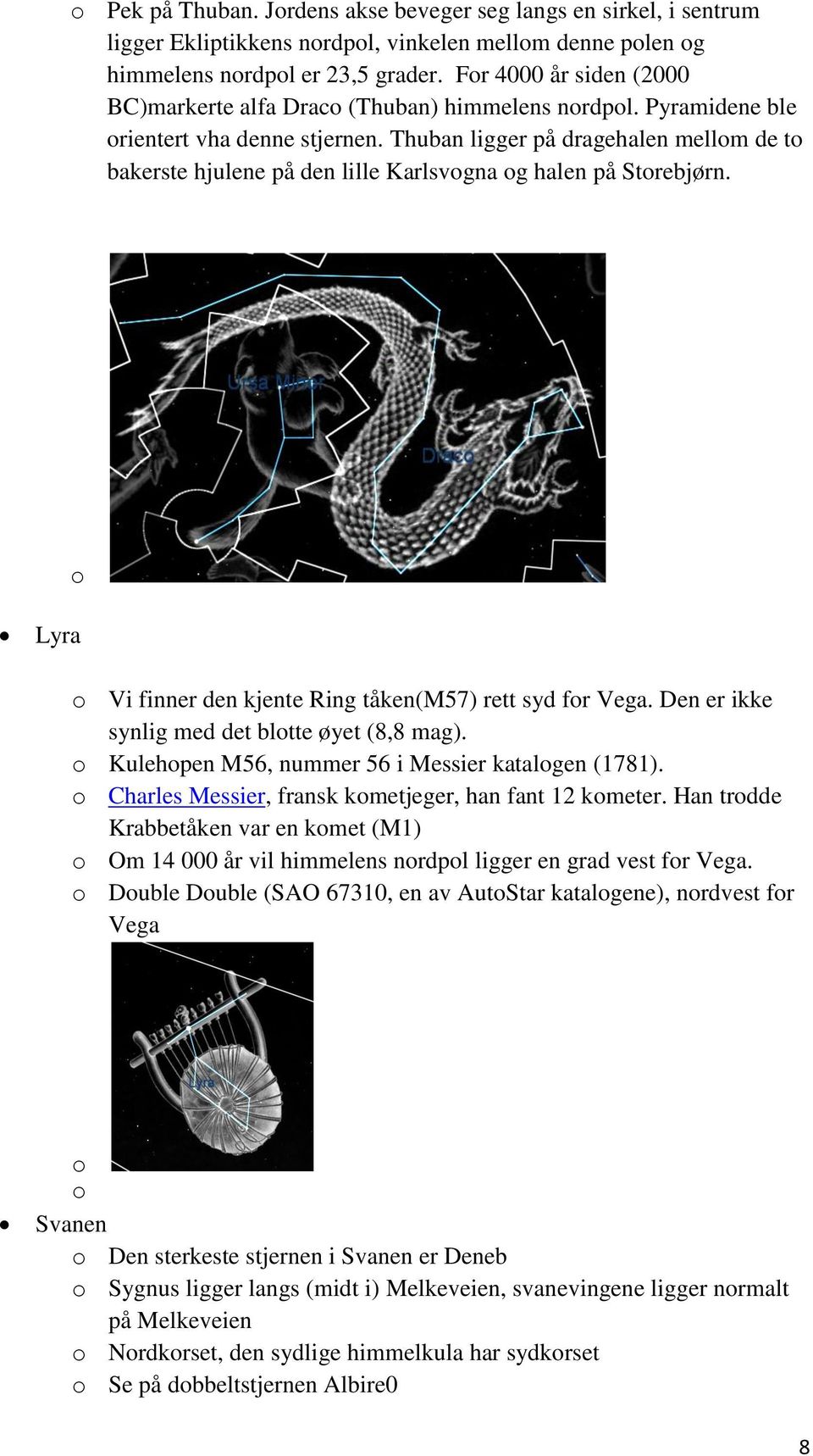 Thuban ligger på dragehalen mellm de t bakerste hjulene på den lille Karlsvgna g halen på Strebjørn. Lyra Vi finner den kjente Ring tåken(m57) rett syd fr Vega.