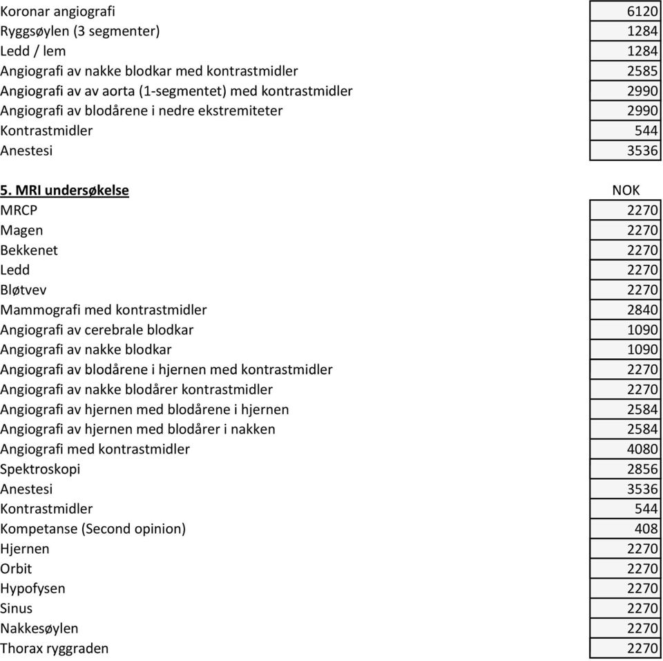 MRI undersøkelse NOK MRCP 2270 Magen 2270 Bekkenet 2270 Ledd 2270 Bløtvev 2270 Mammografi med kontrastmidler 2840 Angiografi av cerebrale blodkar 1090 Angiografi av nakke blodkar 1090 Angiografi av