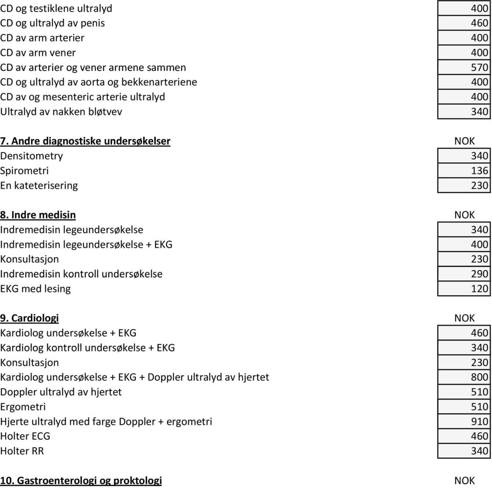 Indre medisin NOK Indremedisin legeundersøkelse 340 Indremedisin legeundersøkelse + EKG 400 Konsultasjon 230 Indremedisin kontroll undersøkelse 290 EKG med lesing 120 9.