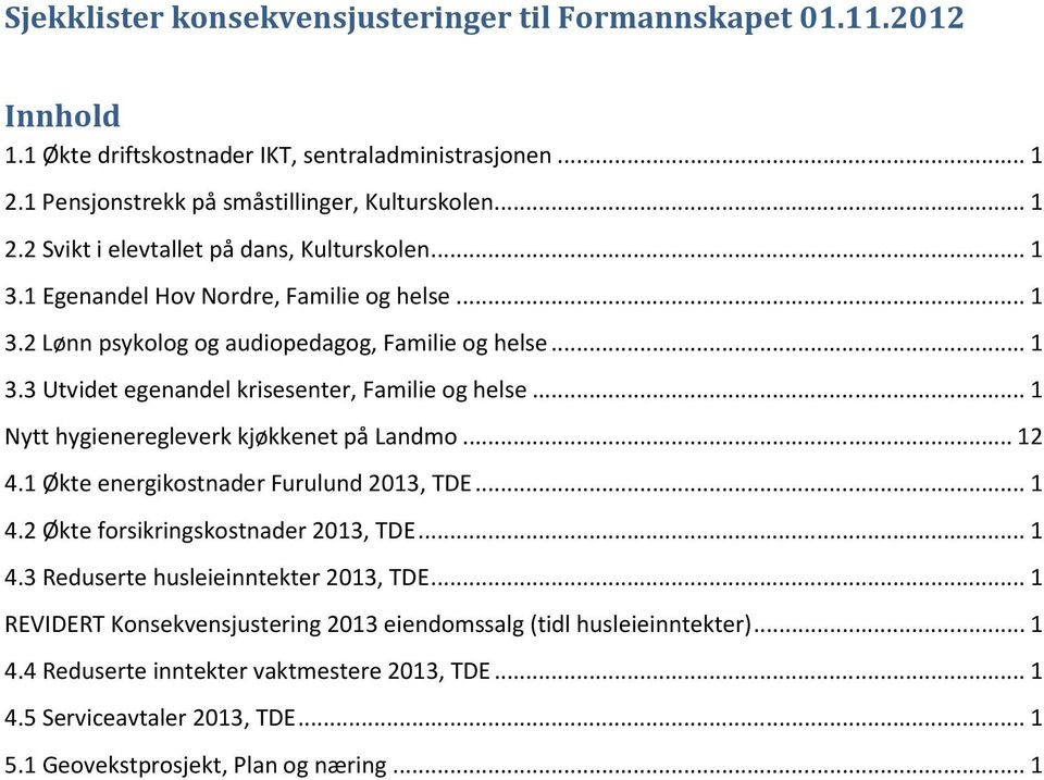 ..1 Nytt hygieneregleverk kjøkkenet på Landmo...12 4.1 Økte energikostnader Furulund 2013, TDE...1 4.2 Økte forsikringskostnader 2013, TDE...1 4.3 Reduserte husleieinntekter 2013, TDE.
