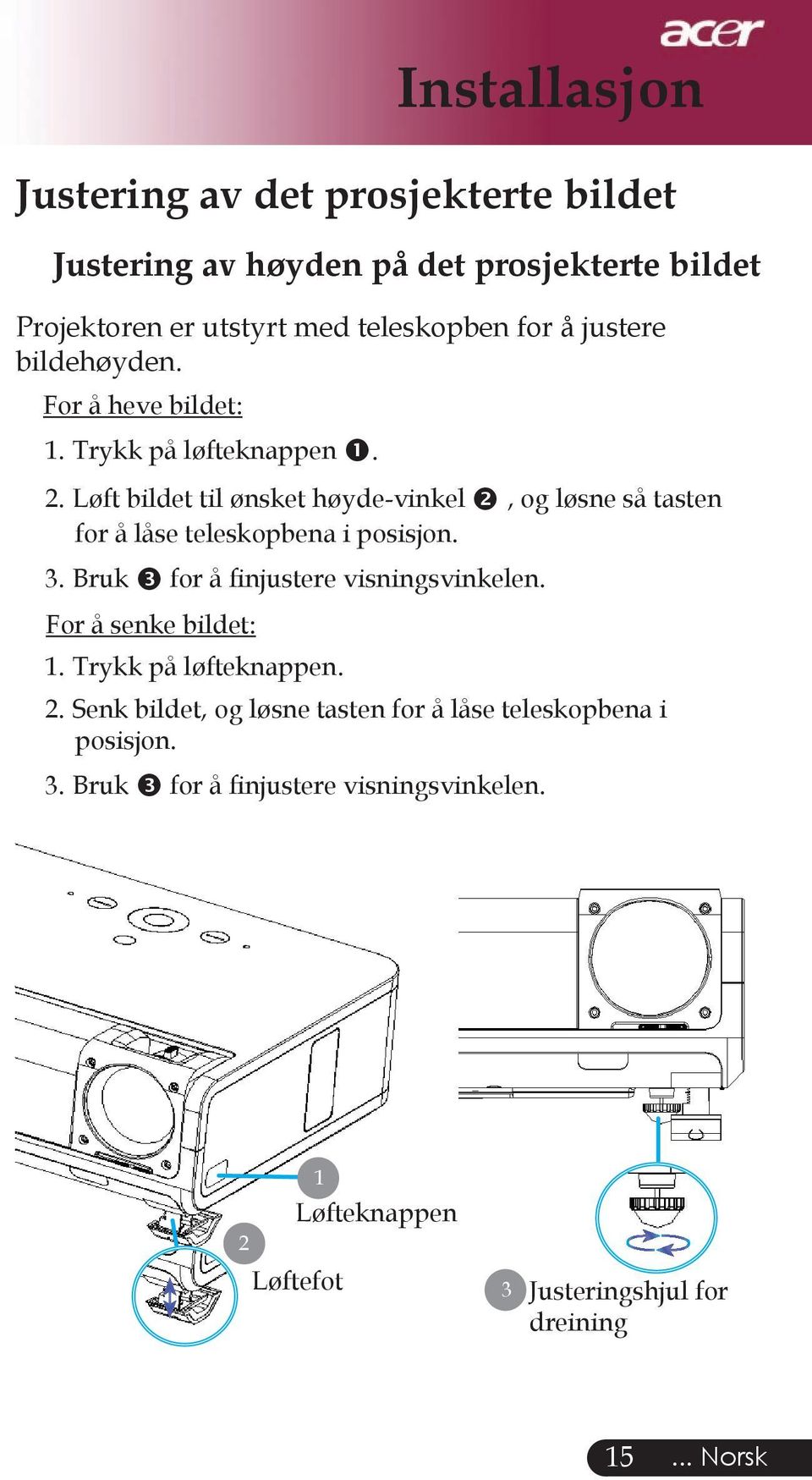 Løft bildet til ønsket høyde-vinkel, og løsne så tasten for å låse teleskopbena i posisjon. 3. Bruk for å ﬁnjustere visningsvinkelen.