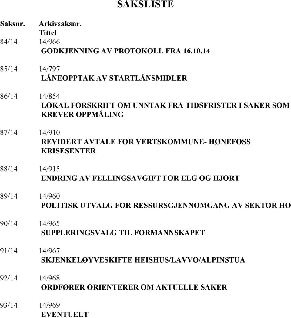 REVIDERT AVTALE FOR VERTSKOMMUNE- HØNEFOSS KRISESENTER 88/14 14/915 ENDRING AV FELLINGSAVGIFT FOR ELG OG HJORT 89/14 14/960 POLITISK UTVALG FOR