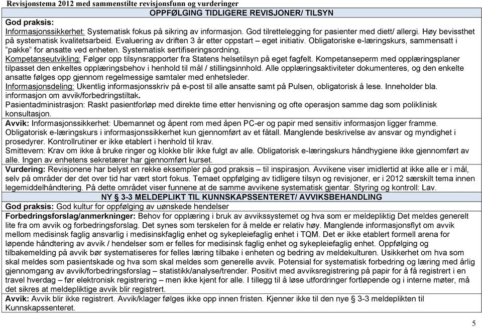 Obligatoriske e-læringskurs, sammensatt i pakke for ansatte ved enheten. Systematisk sertifiseringsordning. Kompetanseutvikling: Følger opp tilsynsrapporter fra Statens helsetilsyn på eget fagfelt.