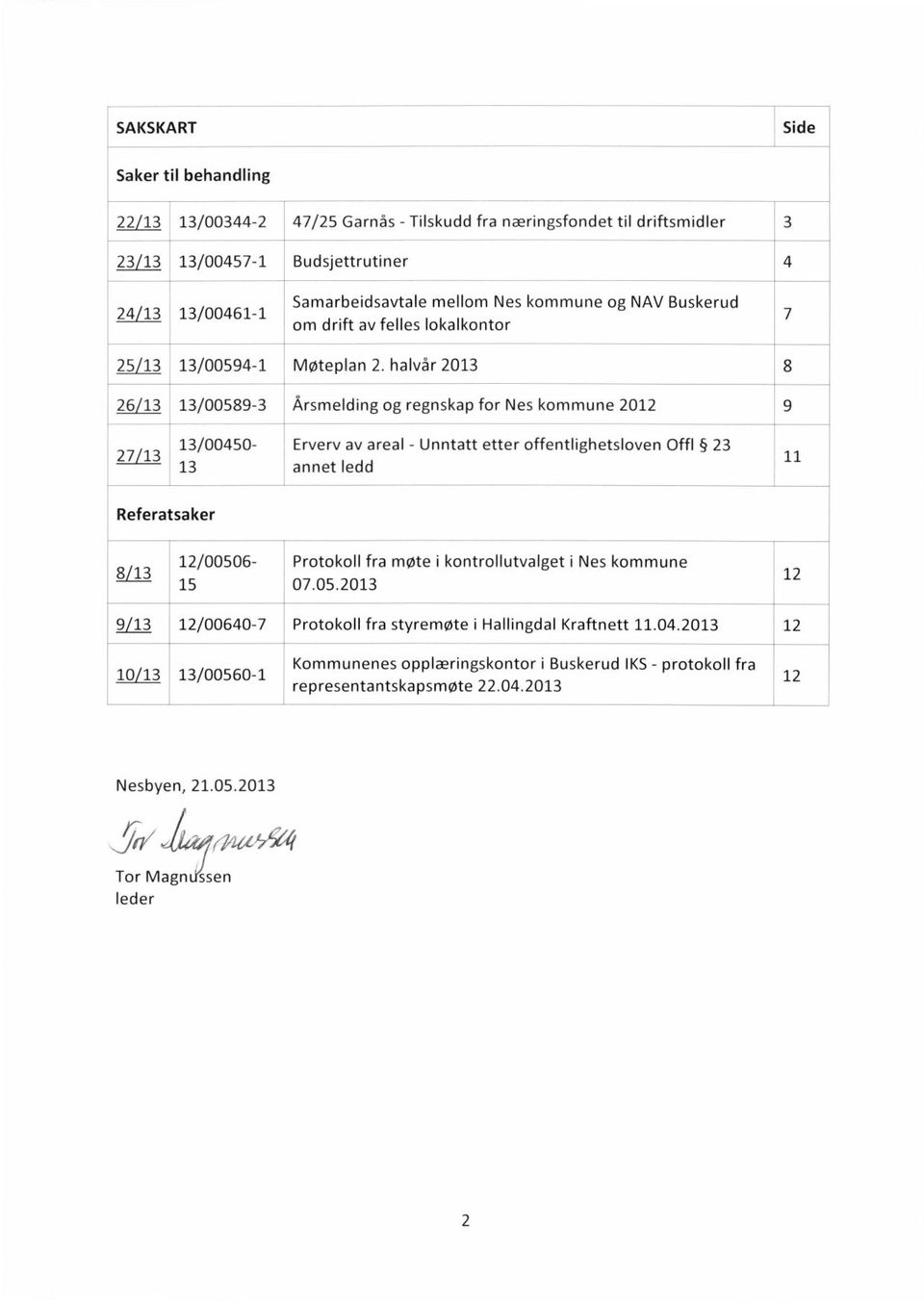 halvår 2013 8 26/1313/00589-3 Årsmelding og regnskap for Nes kommune 2012 9 27/1313/00450-13 Erverv av areal - Unntatt etter offentlighetsloven Offl 23 annet ledd 11 Referatsaker