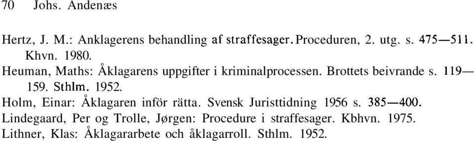 1952. Holm, Einar: Åklagaren inför rätta. Svensk Juristtidning 1956 s. 385 400.