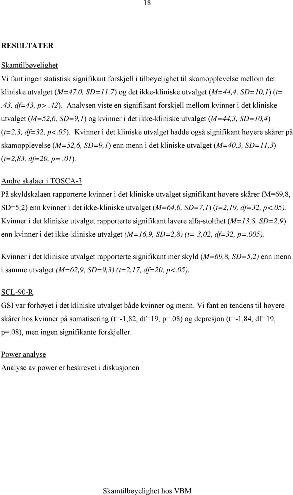 Analysen viste en signifikant forskjell mellom kvinner i det kliniske utvalget (M=52,6, SD=9,1) og kvinner i det ikke-kliniske utvalget (M=44,3, SD=10,4) (t=2,3, df=32, p<.05).