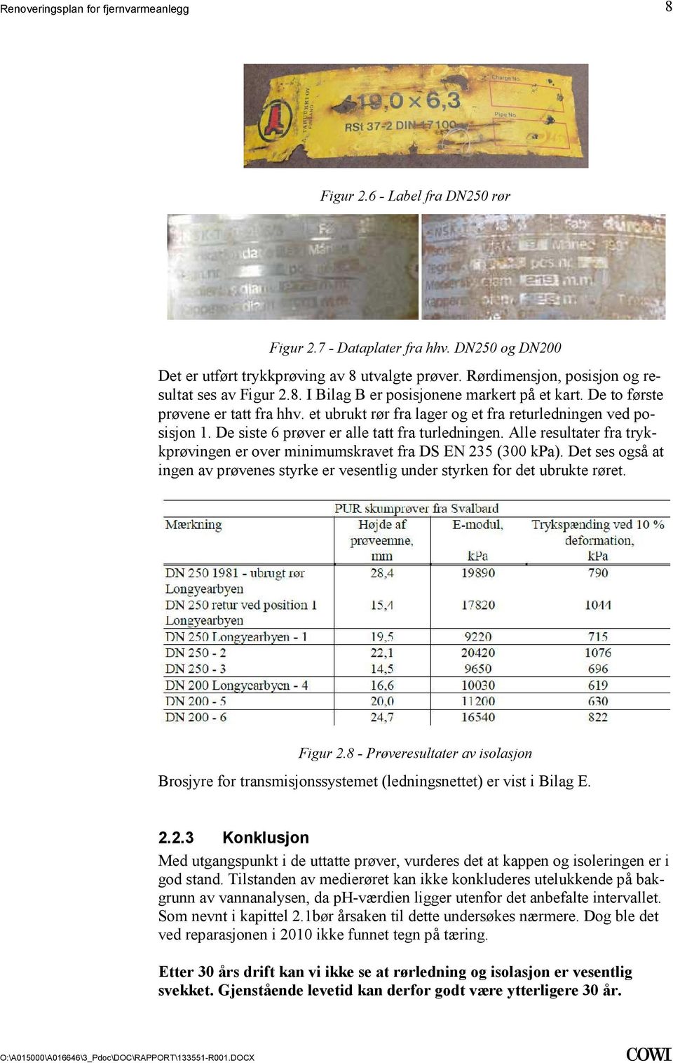 trykkprøvingen er over minimumskravet fra DS EN 235 (300 kpa) Det ses også at ingen av prøvenes styrke er vesentlig under styrken for det ubrukte røret Figur 28 - Prøveresultater av isolasjon