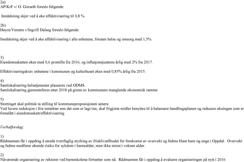 3) Eiendomsskatten økes med 0,6 promille fra 2016, og inflasjonsjusteres årlig med 2% fra 2017. Effektiviseringskrav enhetene i kommunen og kulturhuset økes med 0,85% årlig fra 2015.