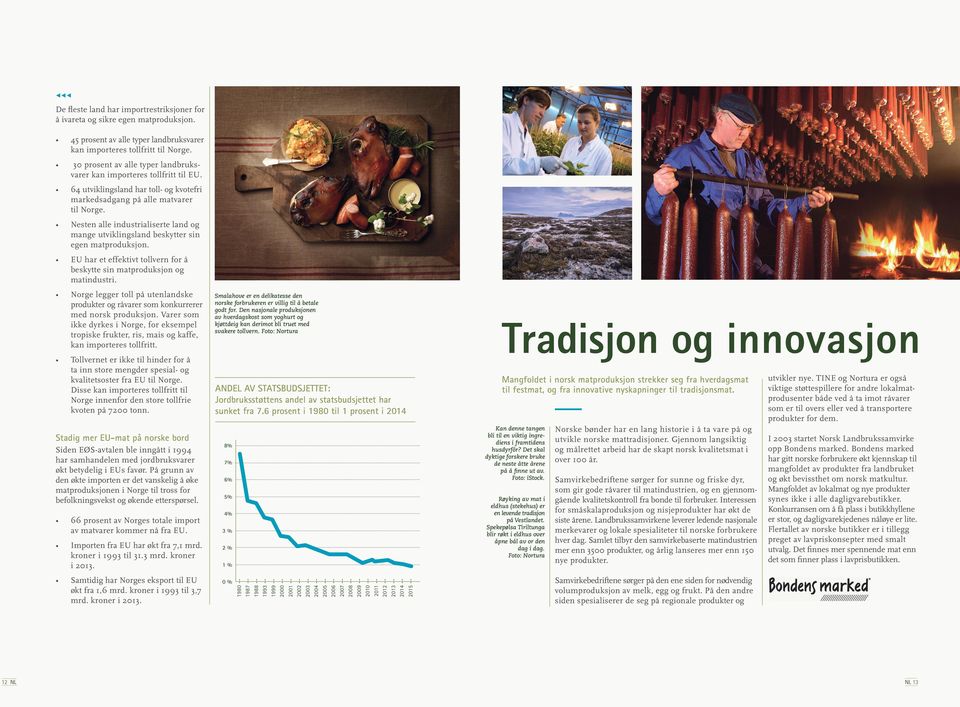 kroner i 2013. 6% 2013 -- Importen fra EU har økt fra 7,1 mrd. kroner i 1993 til 31.3 mrd. kroner i 2013. 7% 2011 -- 66 prosent av Norges totale import av matvarer kommer nå fra EU.