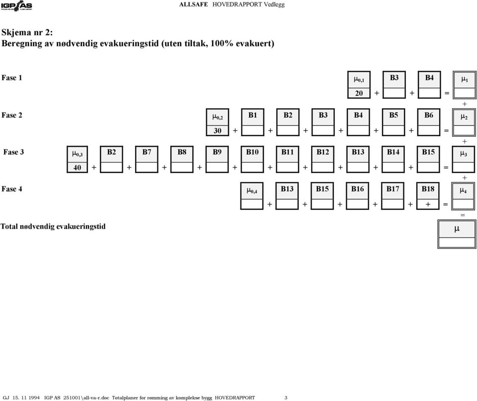 B14 B15 µ 3 40 Fase 4 µ 0,4 B13 B15 B16 B17 B18 µ 4 Total nødvendig evakueringstid µ GJ