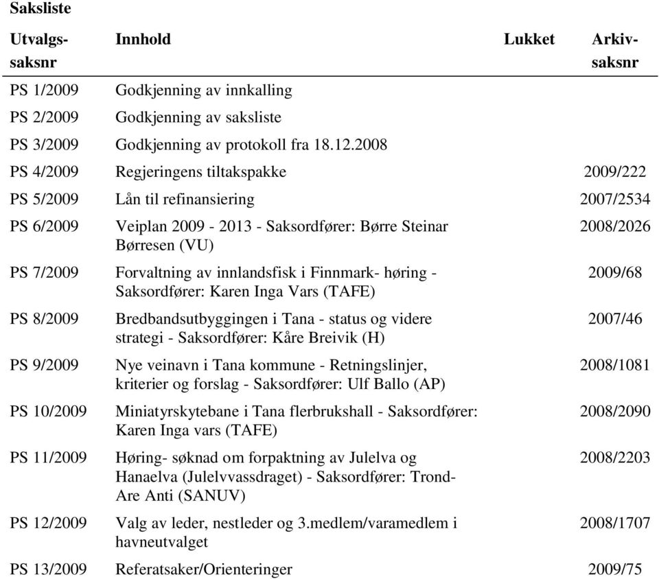 innlandsfisk i Finnmark- høring - Saksordfører: Karen Inga Vars (TAFE) PS 8/2009 PS 9/2009 PS 10/2009 PS 11/2009 PS 12/2009 Bredbandsutbyggingen i Tana - status og videre strategi - Saksordfører: