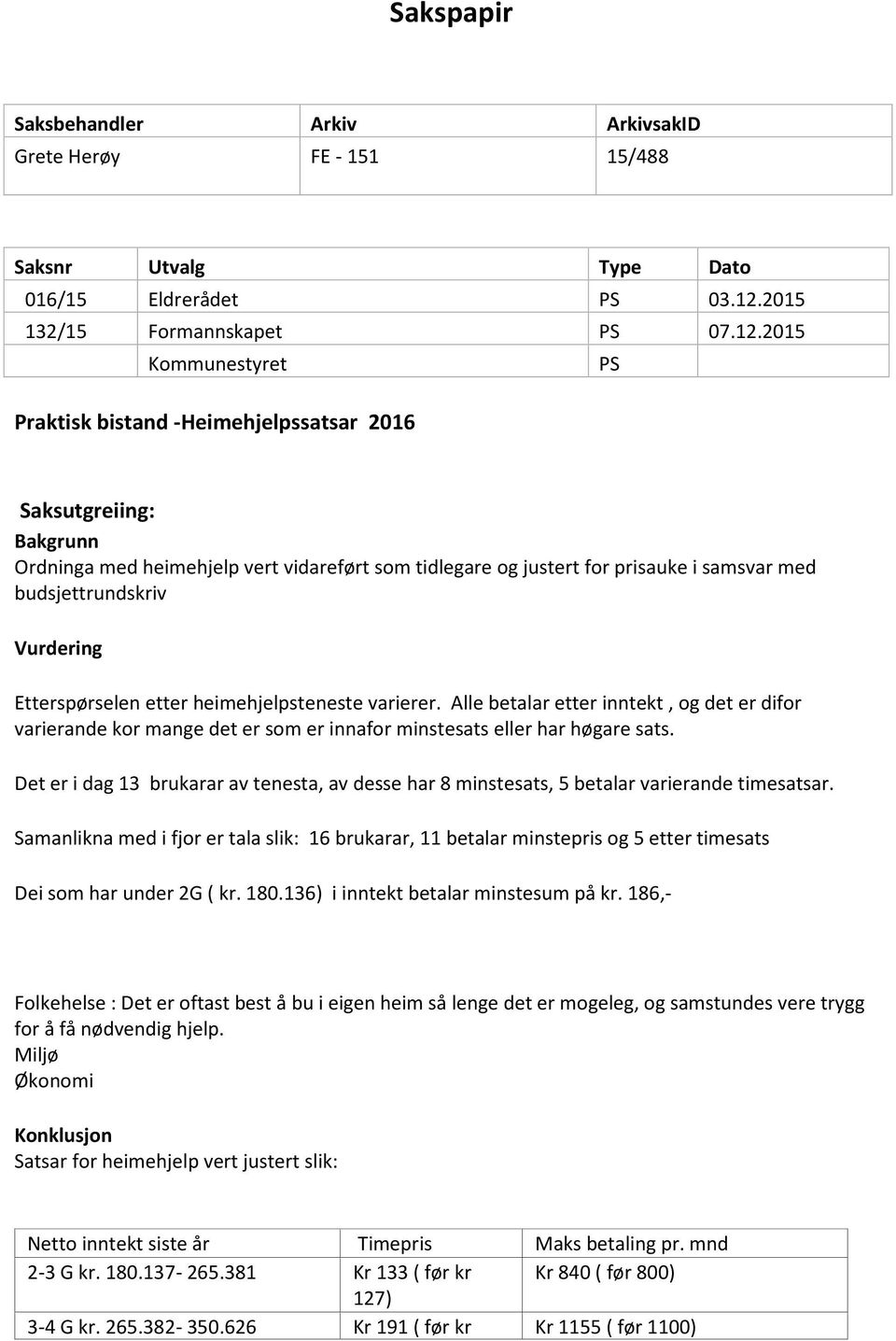 2015 Kommunestyret PS Praktisk bistand -Heimehjelpssatsar 2016 Saksutgreiing: Bakgrunn Ordninga med heimehjelp vert vidareført som tidlegare og justert for prisauke i samsvar med budsjettrundskriv