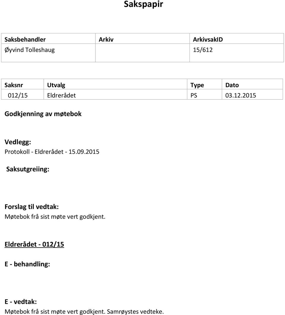 09.2015 Saksutgreiing: Forslag til vedtak: Møtebok frå sist møte vert godkjent.