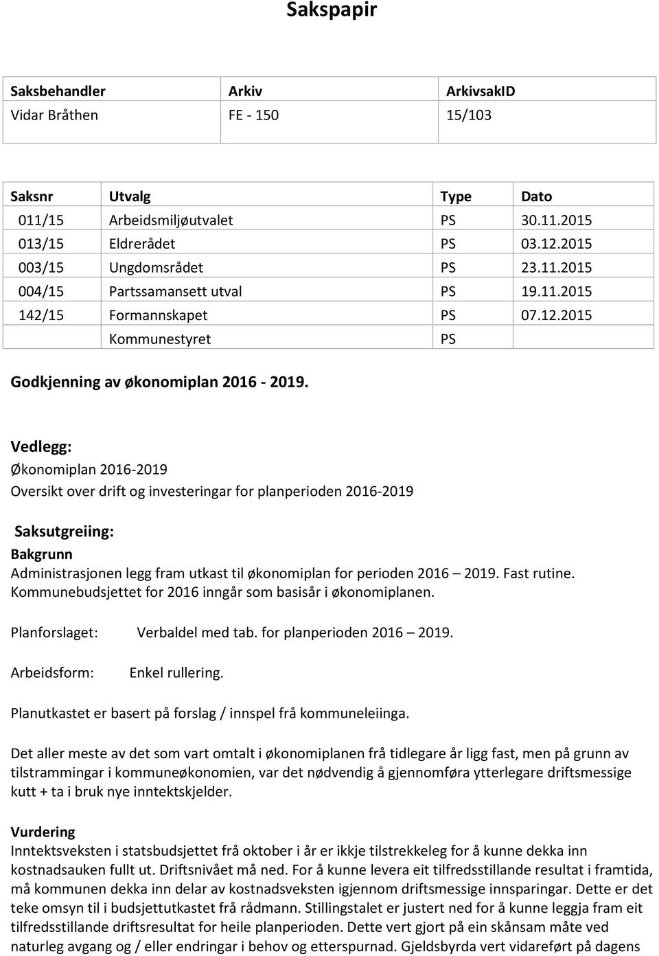 Vedlegg: Økonomiplan 2016-2019 Oversikt over drift og investeringar for planperioden 2016-2019 Saksutgreiing: Bakgrunn Administrasjonen legg fram utkast til økonomiplan for perioden 2016 2019.