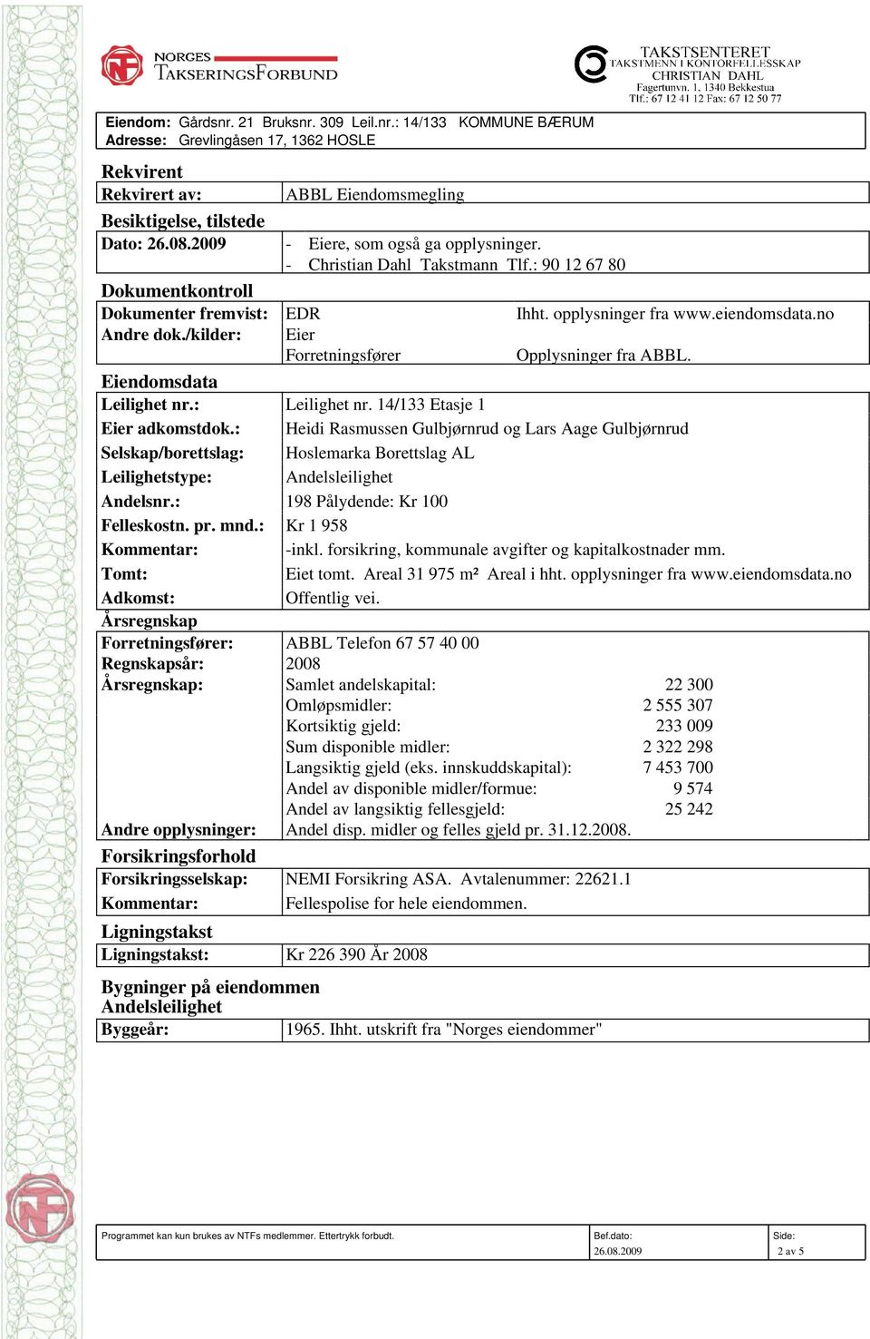 /kilder: Eier Forretningsfører Opplysninger fra ABBL. Eiendomsdata Leilighet nr.: Leilighet nr. 14/133 Etasje 1 Eier adkomstdok.