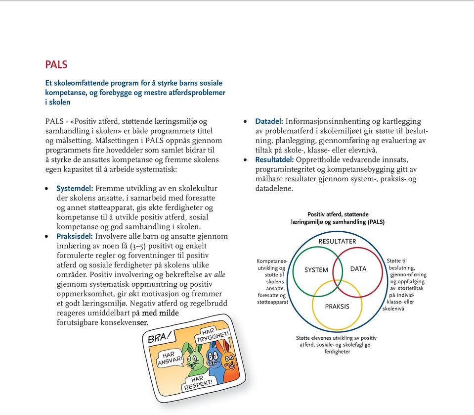 Målsettingen i PALS oppnås gjennom programmets fire hoveddeler som samlet bidrar til å styrke de ansattes kompetanse og fremme skolens egen kapasitet til å arbeide systematisk: Systemdel: Fremme