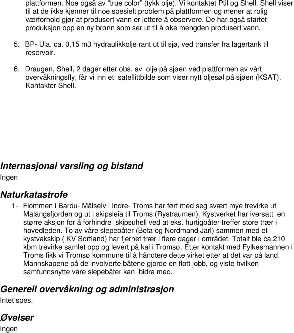 De har også startet produksjon opp en ny brønn som ser ut til å øke mengden produsert vann. 5. BP- Ula. ca. 0,15 m3 hydraulikkolje rant ut til sjø, ved transfer fra lagertank til reservoir. 6.