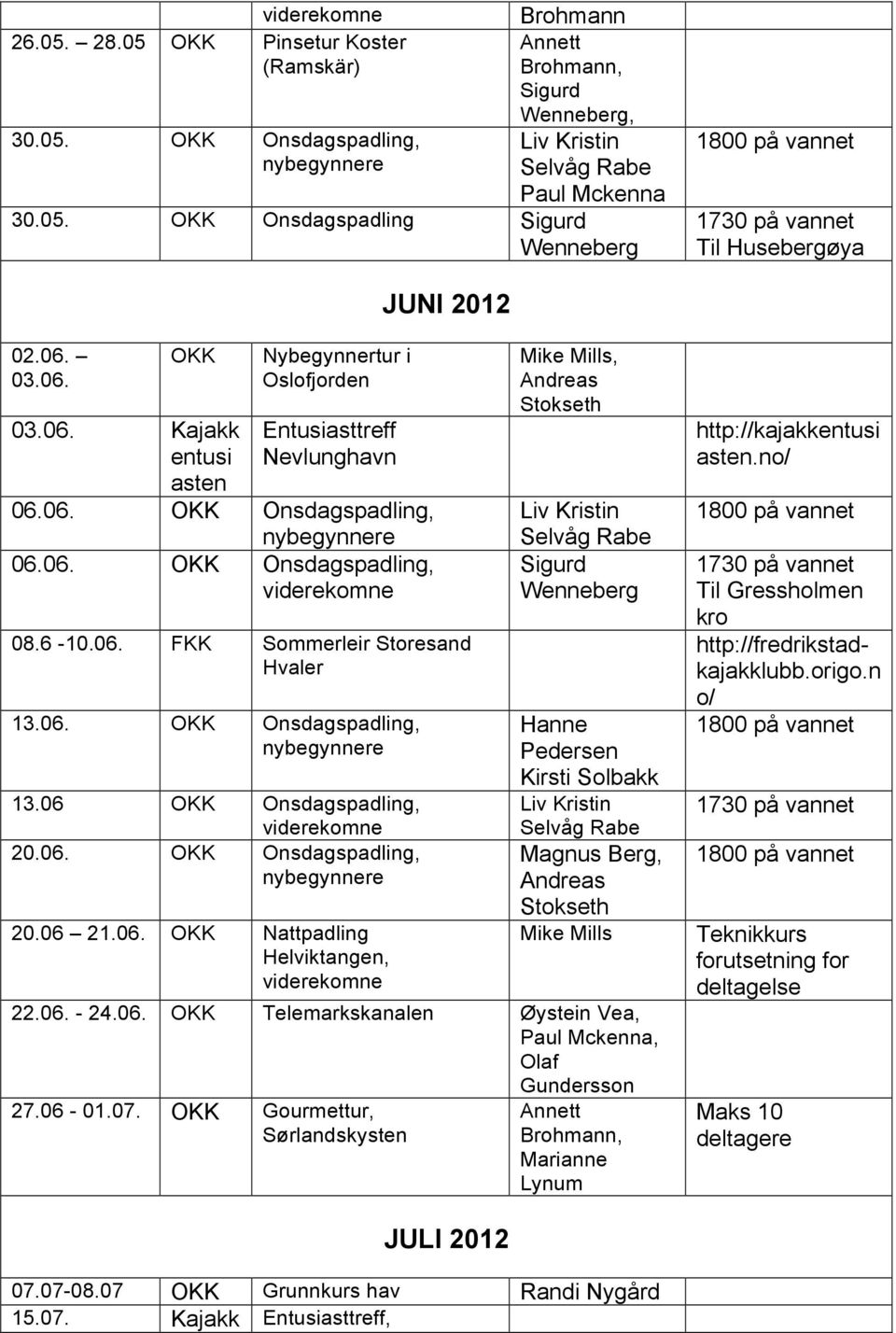 06 OKK Onsdagspadling, 20.06. OKK Onsdagspadling, 20.06 21.06. OKK Nattpadling Helviktangen,, Magnus Berg, 22.06. - 24.06. OKK Telemarkskanalen, Paul Mckenna, Olaf Gundersson 27.06-01.07.