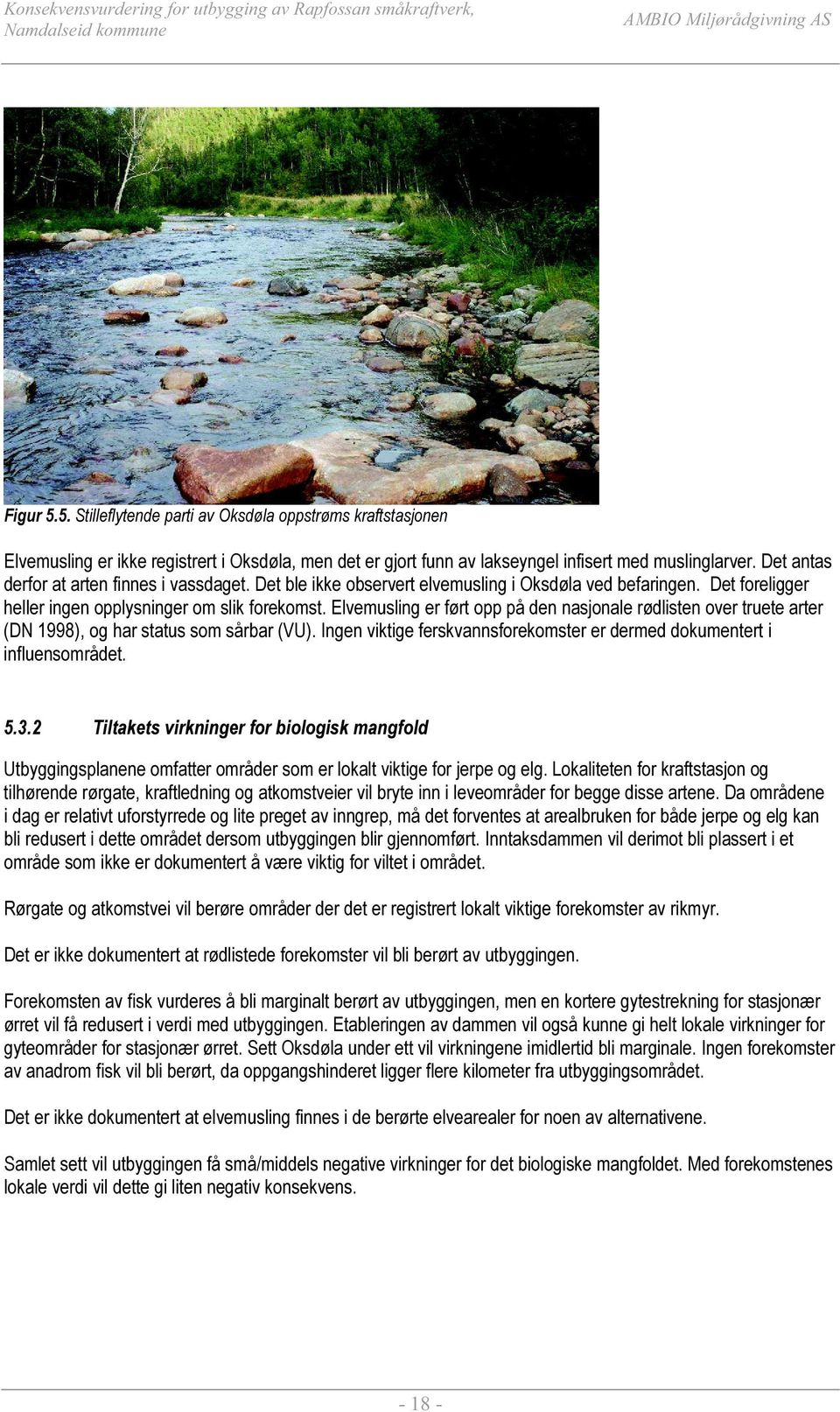 Elvemusling er ført opp på den nasjonale rødlisten over truete arter (DN 1998), og har status som sårbar (VU). Ingen viktige ferskvannsforekomster er dermed dokumentert i influensområdet. 5.3.