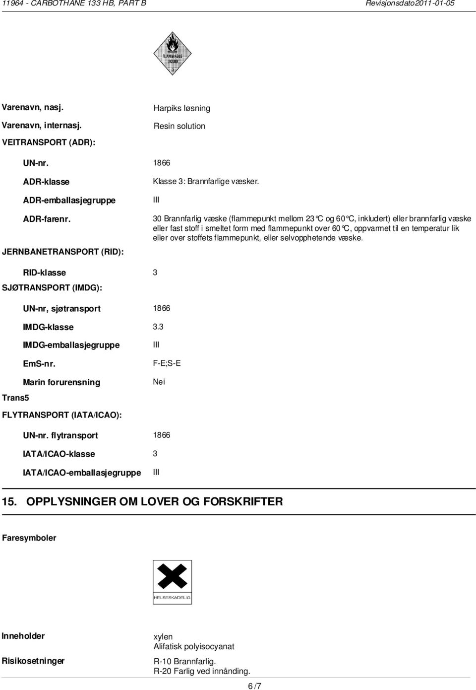 stoffets flammepunkt, eller selvopphetende væske. RID-klasse 3 SJØTRANSPORT (IMDG): UN-nr, sjøtransport 1866 IMDG-klasse 3.3 IMDG-emballasjegruppe EmS-nr.