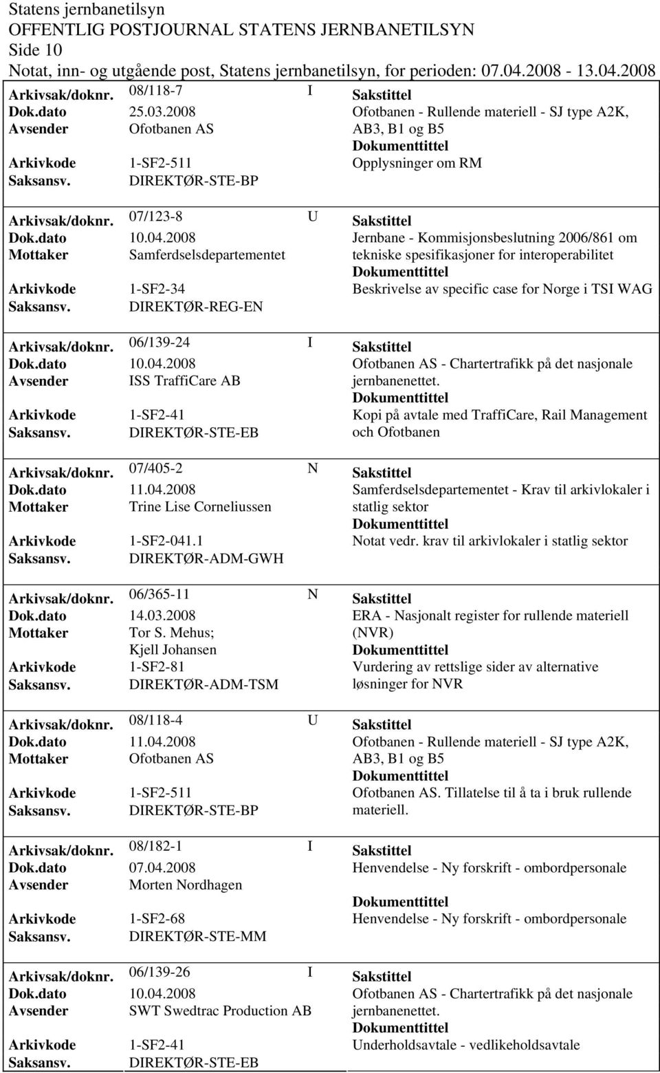 07/123-8 U Sakstittel Jernbane - Kommisjonsbeslutning 2006/861 om Mottaker Samferdselsdepartementet tekniske spesifikasjoner for interoperabilitet Arkivkode 1-SF2-34 Beskrivelse av specific case for