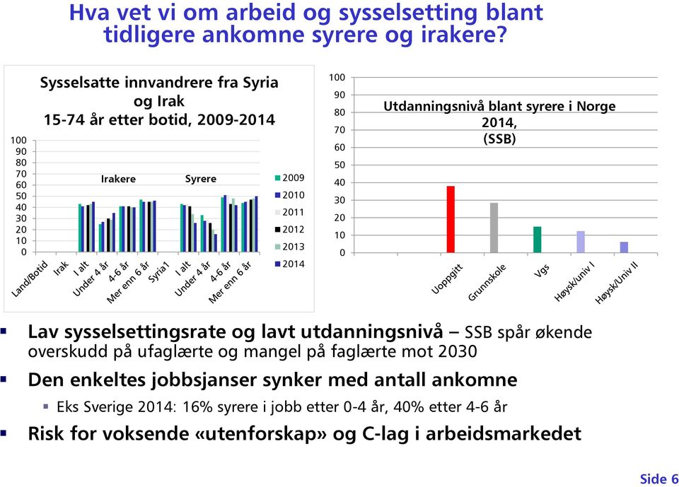 100 90 80 70 60 50 40 30 20 10 0 Utdanningsnivå blant syrere i Norge 2014, (SSB) Lav sysselsettingsrate og lavt utdanningsnivå SSB spår økende overskudd