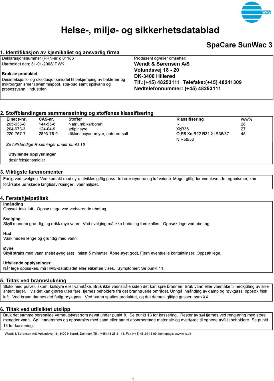 industrien. SpaCare SunWac 3 Produsent og/eller omsetter: Wendt & Sørensen A/S Vølundsvej 18 20 DK3400 Hillerød Tlf.:(+45) 48253111 Telefaks:(+45) 48241309 Nødtelefonnummer: (+45) 48253111 2.