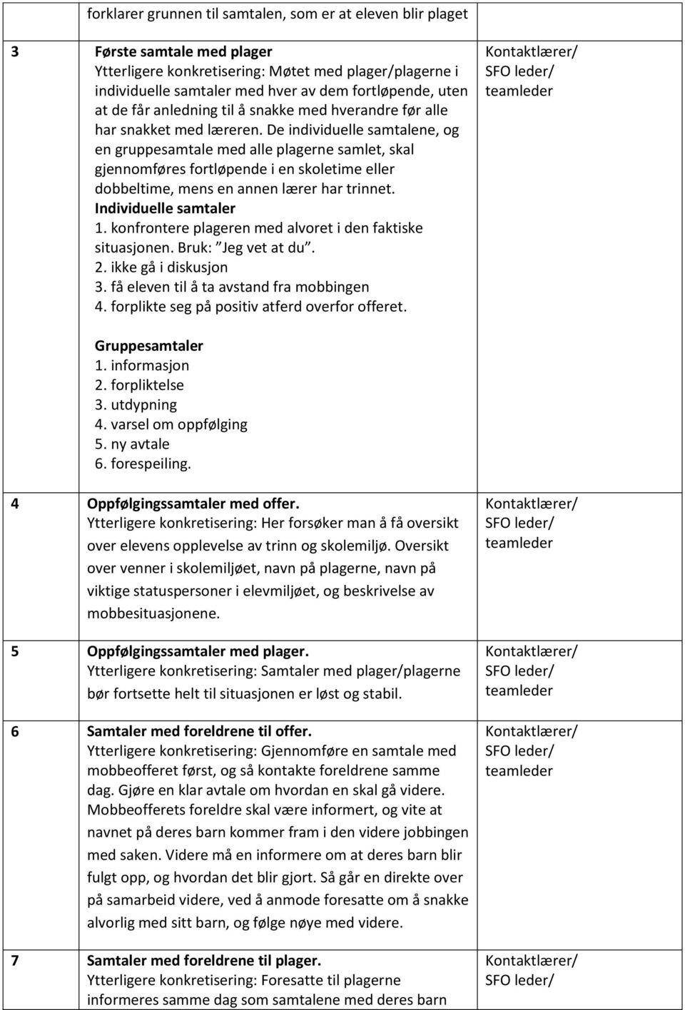 De individuelle samtalene, og en gruppesamtale med alle plagerne samlet, skal gjennomføres fortløpende i en skoletime eller dobbeltime, mens en annen lærer har trinnet. Individuelle samtaler 1.