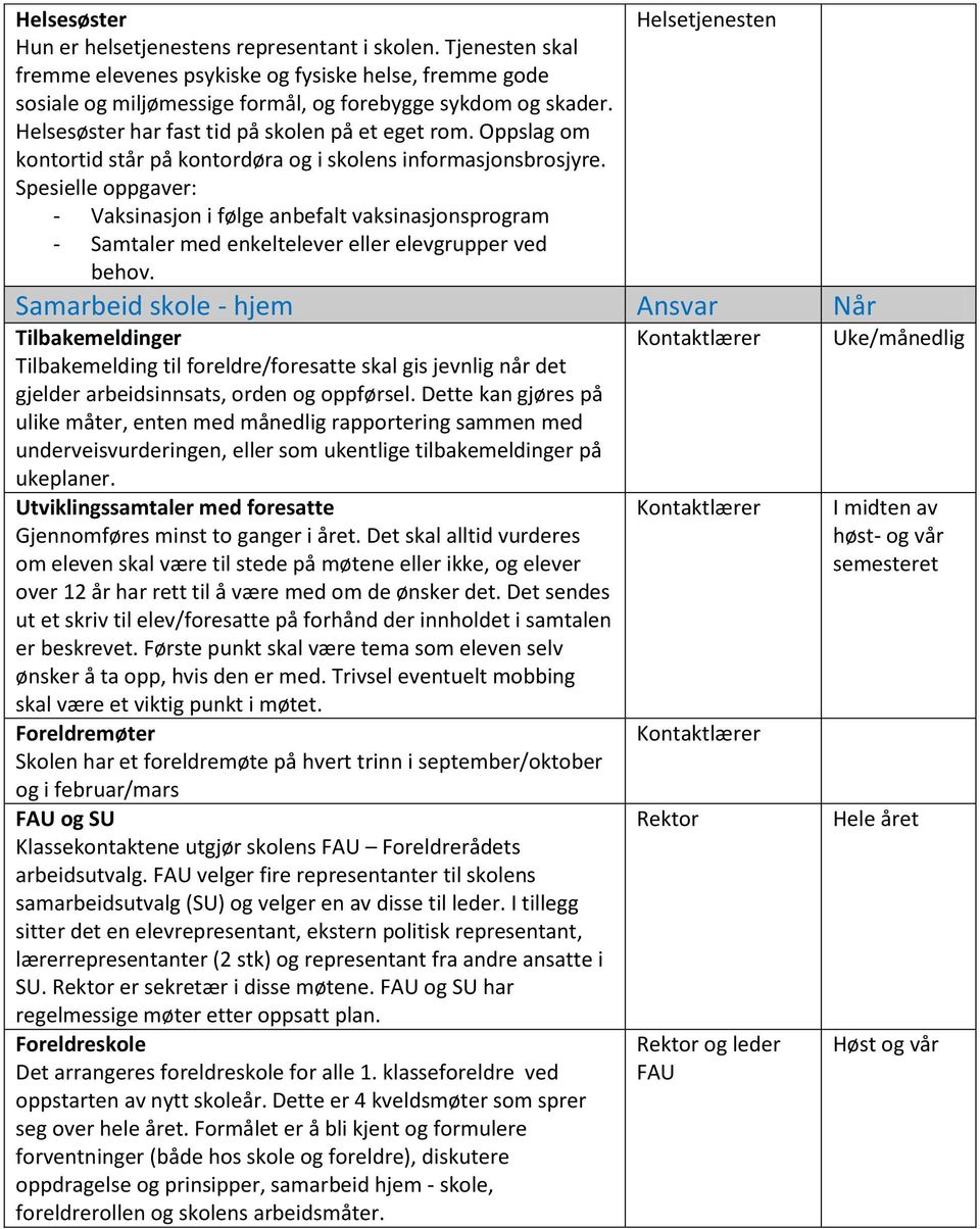 Spesielle oppgaver: - Vaksinasjon i følge anbefalt vaksinasjonsprogram - Samtaler med enkeltelever eller elevgrupper ved behov.