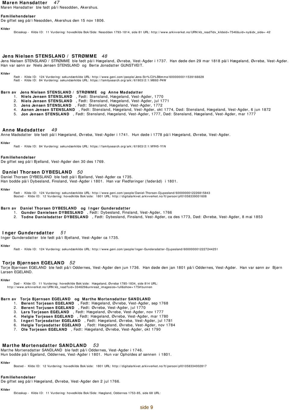 idx_kildeid=7546&uid=ny&idx_side=-42 Jens Nielsen STENSLAND / STRØMME 48 Jens Nielsen STENSLAND / STRØMME ble født på/i Hægeland, Øvrebø, Vest-Agder i 1737.