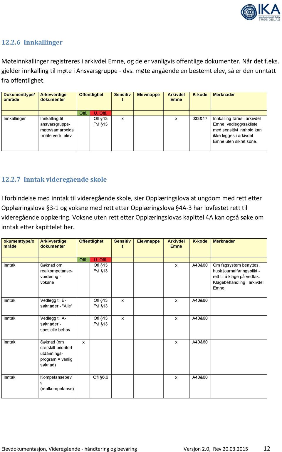 x x 033&17 Innkalling føres i arkivdel, vedlegg/sakliste med sensitivt innhold kan ikke legges i arkivdel uten sikret sone. 12.