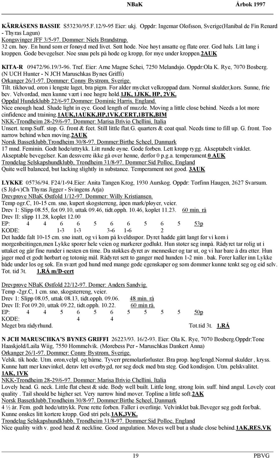 19/3-96. Tref. Eier: Arne Magne Schei, 7250 Melandsjø. Oppdr:Ola K. Rye, 7070 Bosberg. (N UCH Hunter - N JCH Maruschkas Bynes Griffi) Orkanger 26/1-97. Dommer: Conny Bystrøm, Sverige. Tilt.