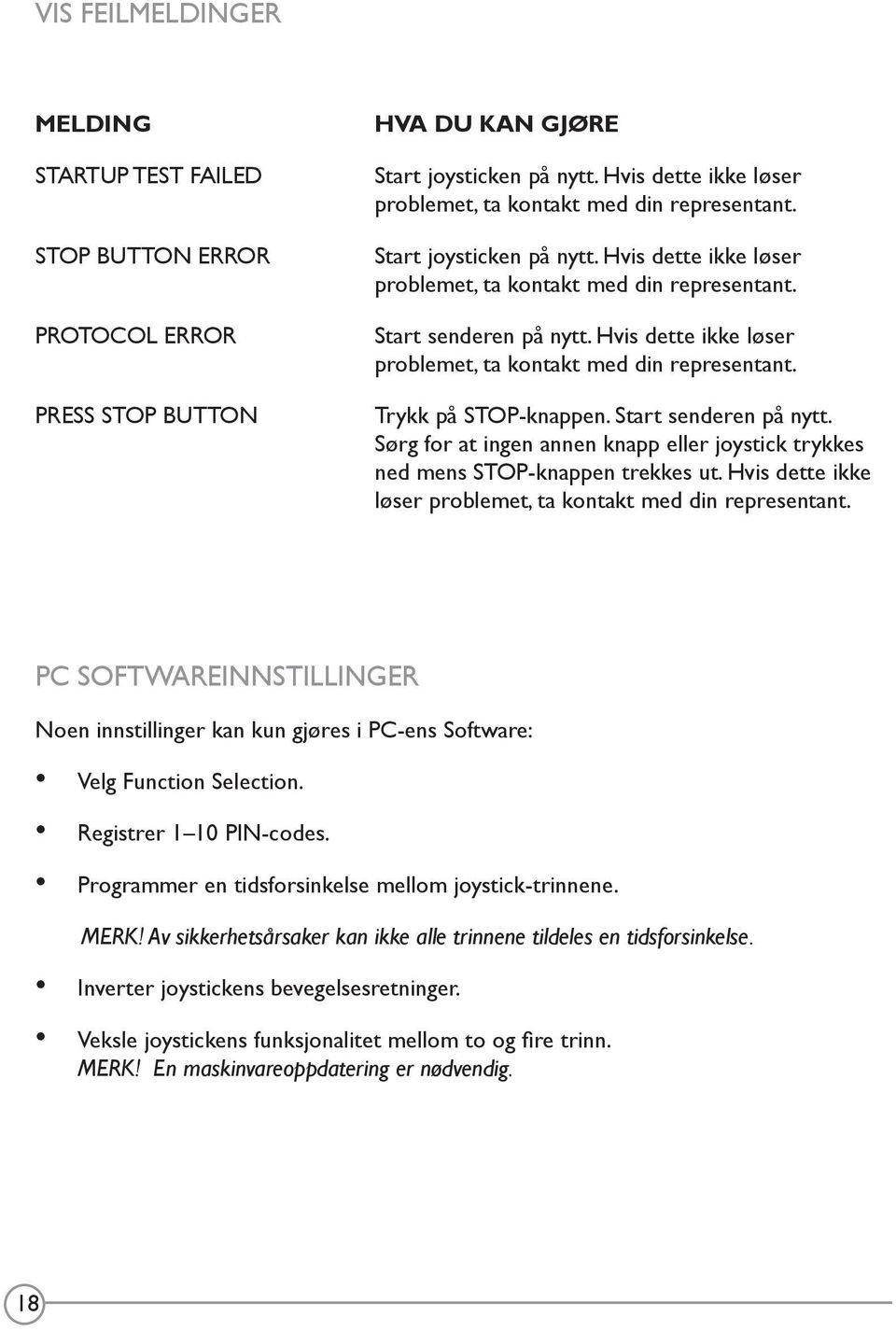 Hvis dette ikke løser problemet, ta kontakt med din representant. Trykk på STOP-knappen. Start senderen på nytt. Sørg for at ingen annen knapp eller joystick trykkes ned mens STOP-knappen trekkes ut.