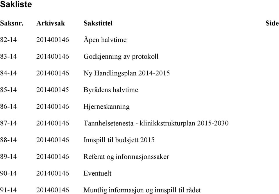 Handlingsplan 2014-2015 85-14 201400145 Byrådens halvtime 86-14 201400146 Hjerneskanning 87-14 201400146