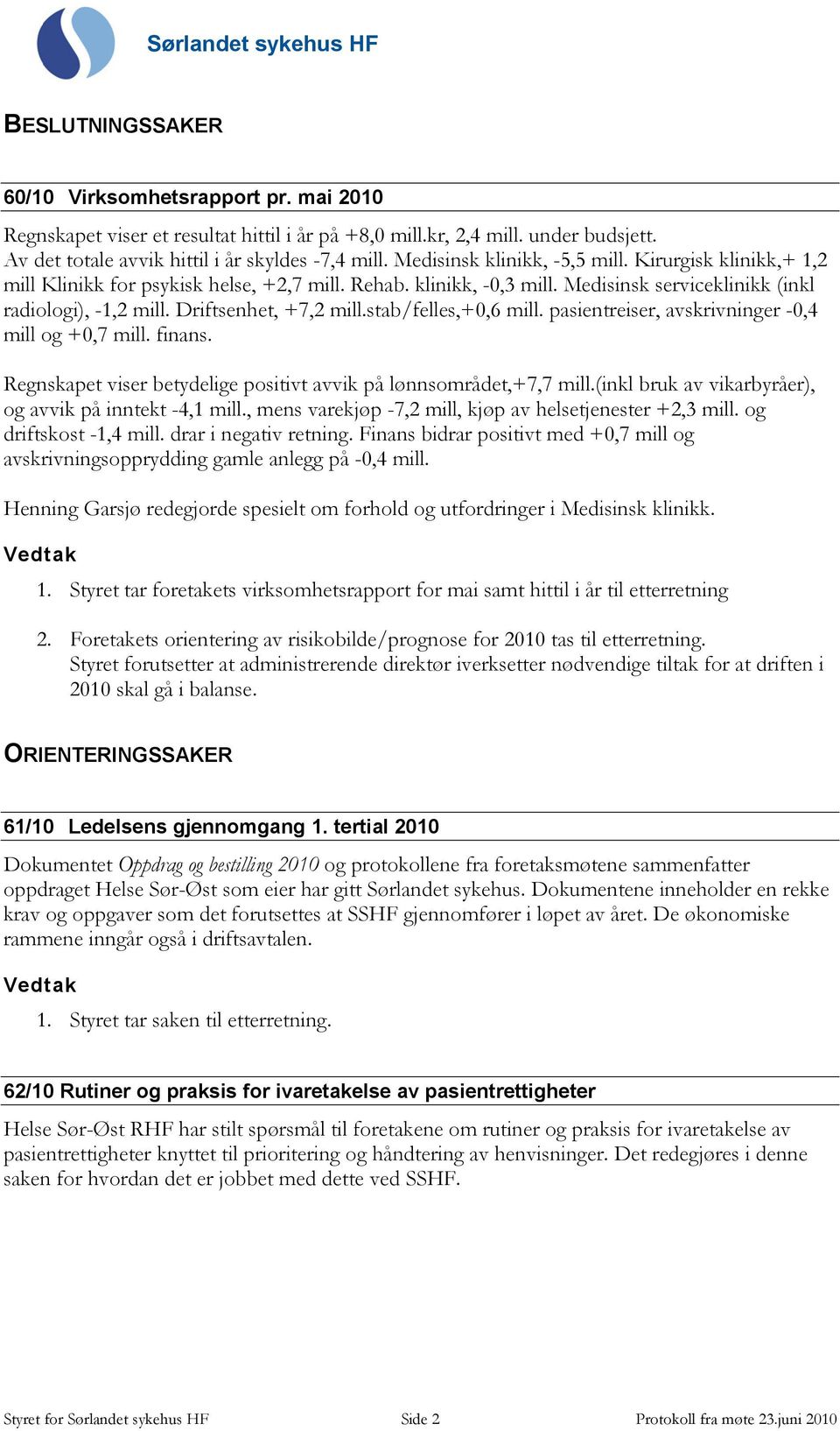 Driftsenhet, +7,2 mill.stab/felles,+0,6 mill. pasientreiser, avskrivninger -0,4 mill og +0,7 mill. finans. Regnskapet viser betydelige positivt avvik på lønnsområdet,+7,7 mill.