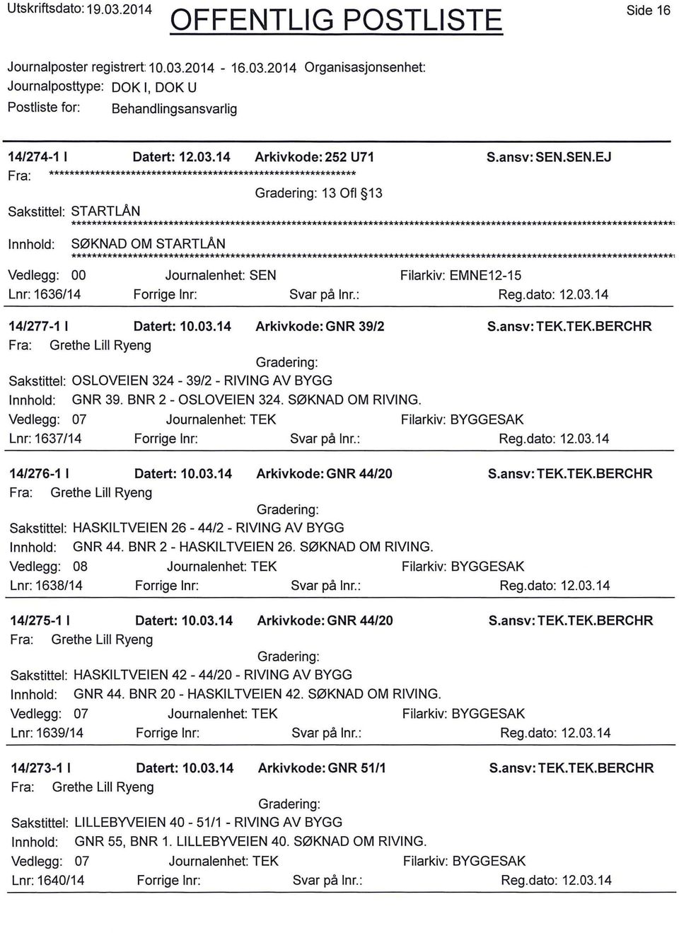 14 Arkivkode: GNR 39/2 Fra: Grethe Lill Ryeng Sakstittel: OSLOVEIEN 324-39/2- RIVING AV BYGG GNR 39. BNR 2- OSLOVEIEN 324. SØKNAD OM RIVING. Vedlegg: 07 Lnr: 1637/14 Svar på lnr.