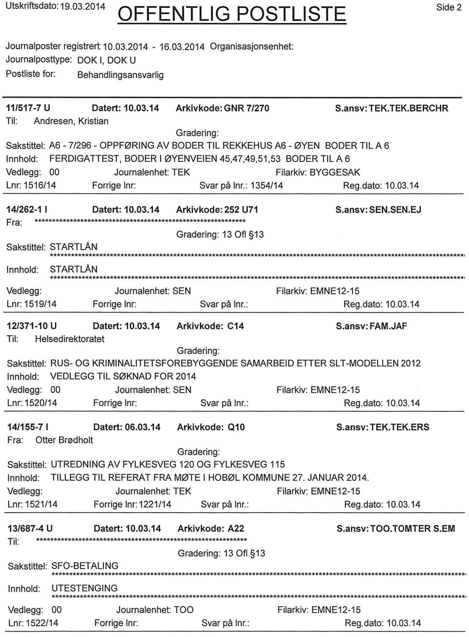 dato: 10.03.14 14/262-1 l Datert: 10.03.14 Arkivkode: 252 U71 S.ansv: SEN.
