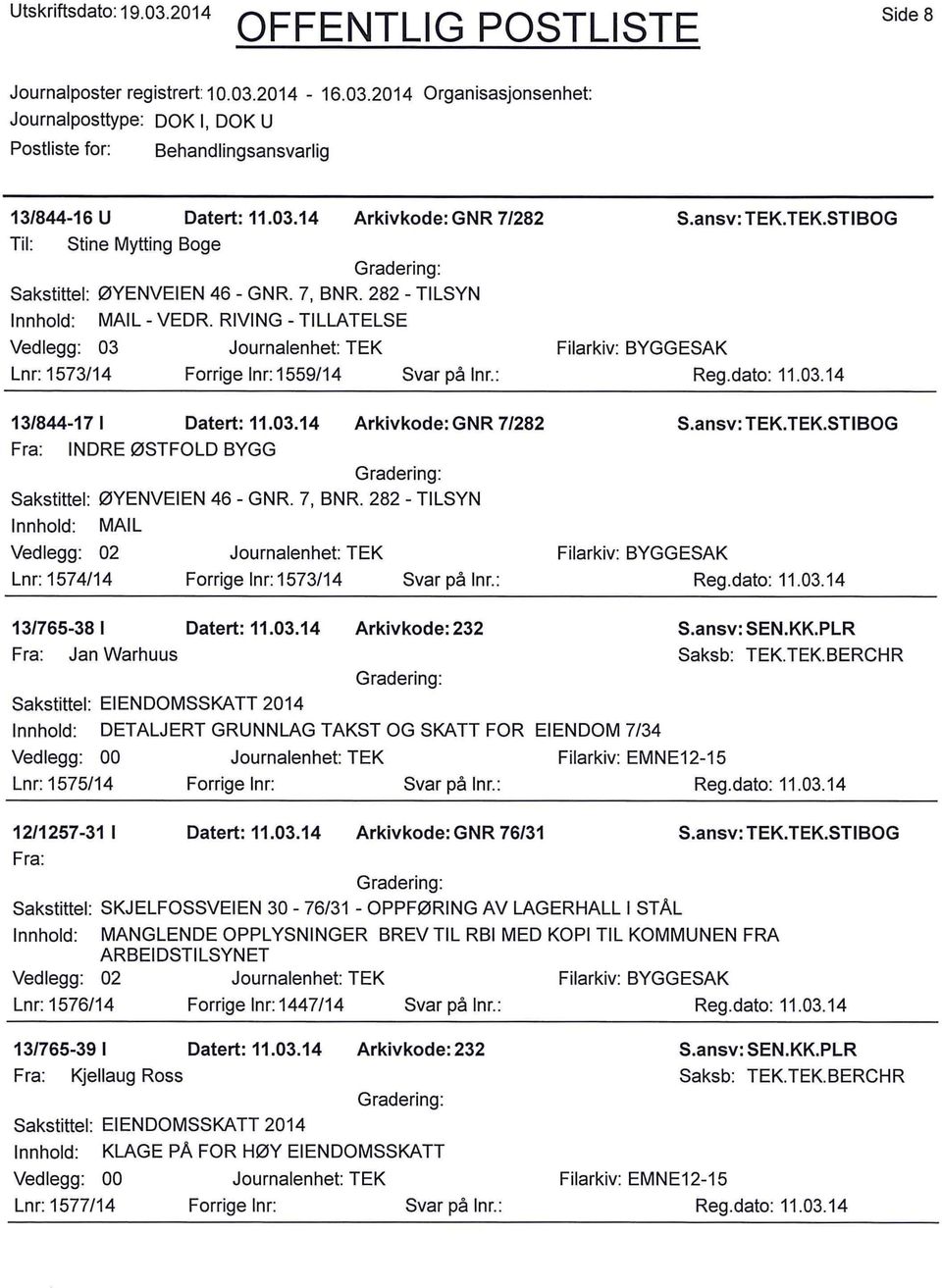 7, BNR. 282- TILSYN Vedlegg: 02 Lnr: 1574/14 MAIL 1573/14 S.ansv: TEK.TEK.STIBOG Reg.dato: 11.03.14 13/765-381 Datert: 11.03.14 Arkivkode:232 Fra: Jan Warhuus DETALJERT GRUNNLAG TAKST OG SKATT FOR EIENDOM 7/34 Saksb: TEK.